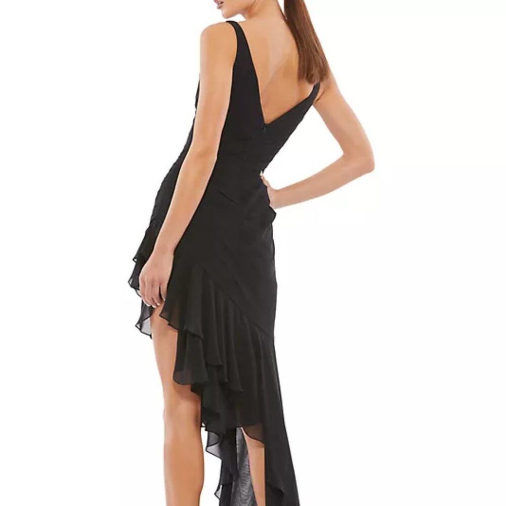 NWT$348 Mac Duggal V-Neck Ruffle Asymmetric Mini/Maxi Hem Sheath Dress Sz 2 XS-S